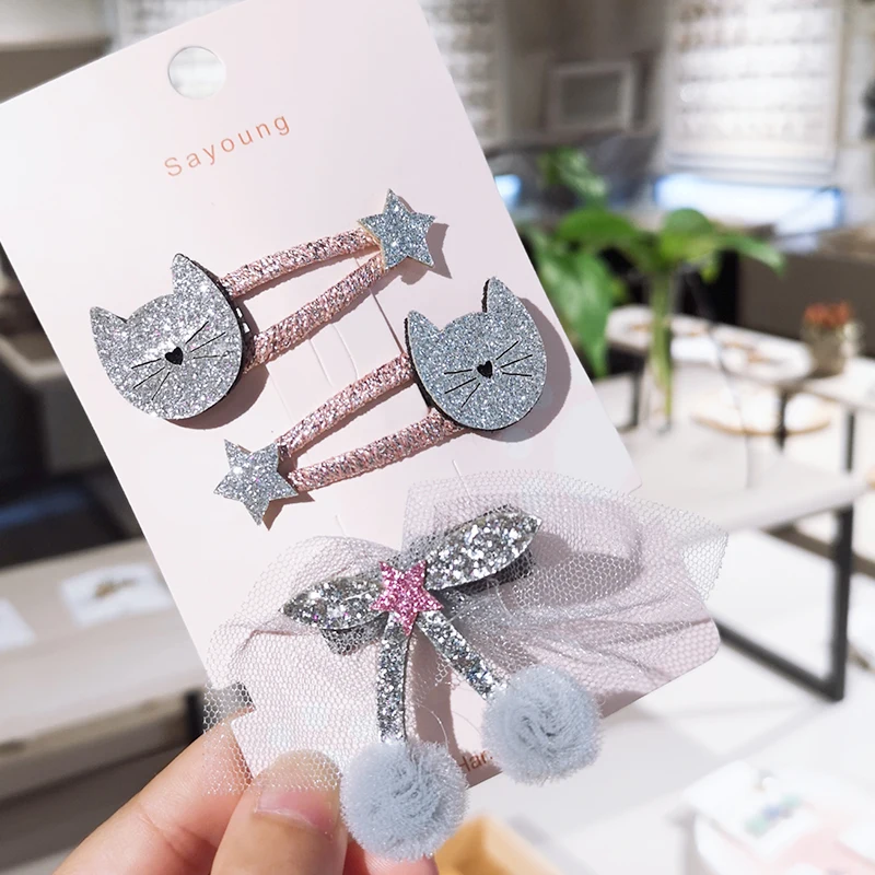 3pcs/Set Children Cartoon Cat Sequin BB Hair Clips Cute Bowknot Pompom Ball Hairpins Barrettes Kids HairAccessories | Детская одежда и