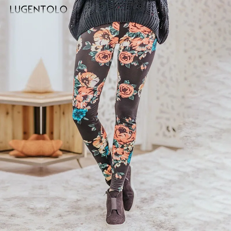 

Lugentolo Women Slim Leggings New Flower Printed Trousers Fashion Casual Large Size Female Long Pencil Leggings