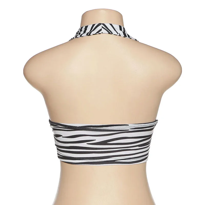 Женский топ с принтом зебры Plugalong облегающий лямкой на шее и круглым вырезом