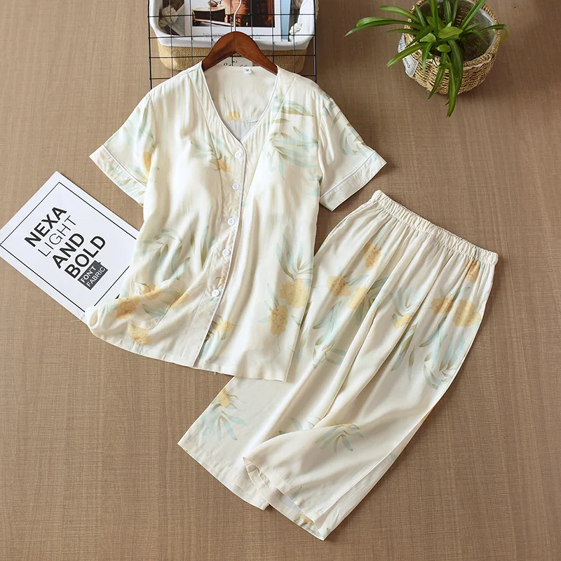 Short Sleeve Pajamas Autumn Trousers Suit Fashion Pyjama Set Large Size Nightwear Home Service House Nightdress Costume Outfit