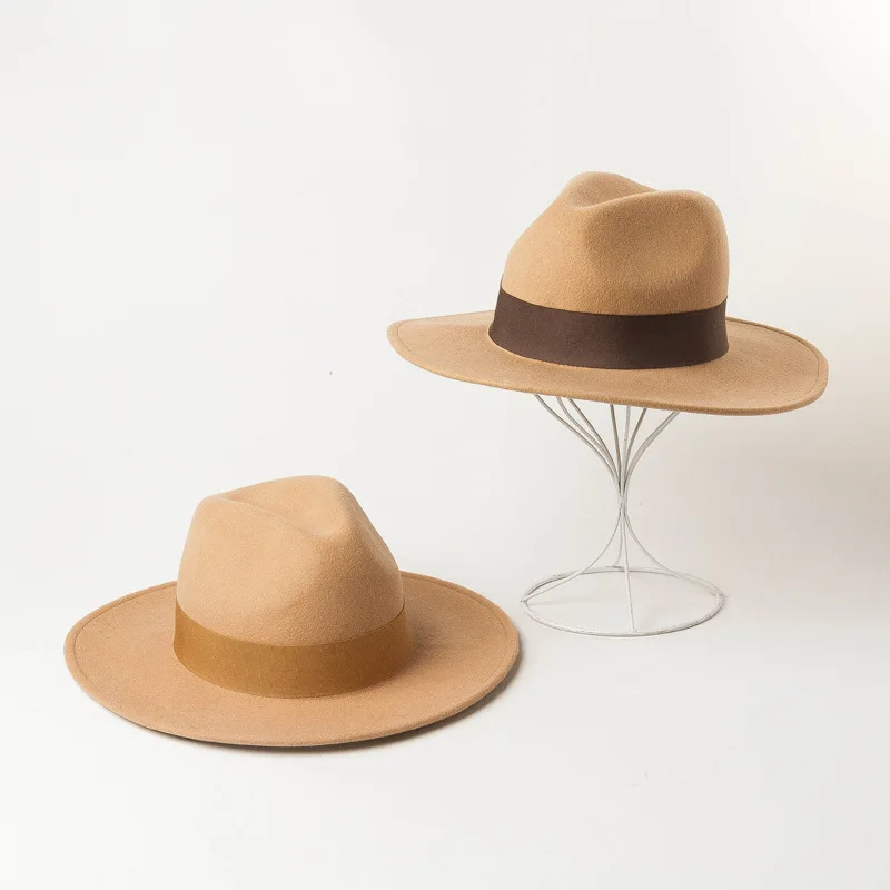 Autumn Winter Fashion Exquisite Wool Simple Color Multicolored Decorative Ribbon Matching Design Wide Fedoras Hats for Women Men