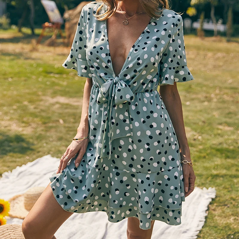 

Women Dot V Neck Butterfly Sleeve Short Dress Ruffle Bandage A Line Mini Dress Green Casual Beach Dress Vestidos New Arrivals