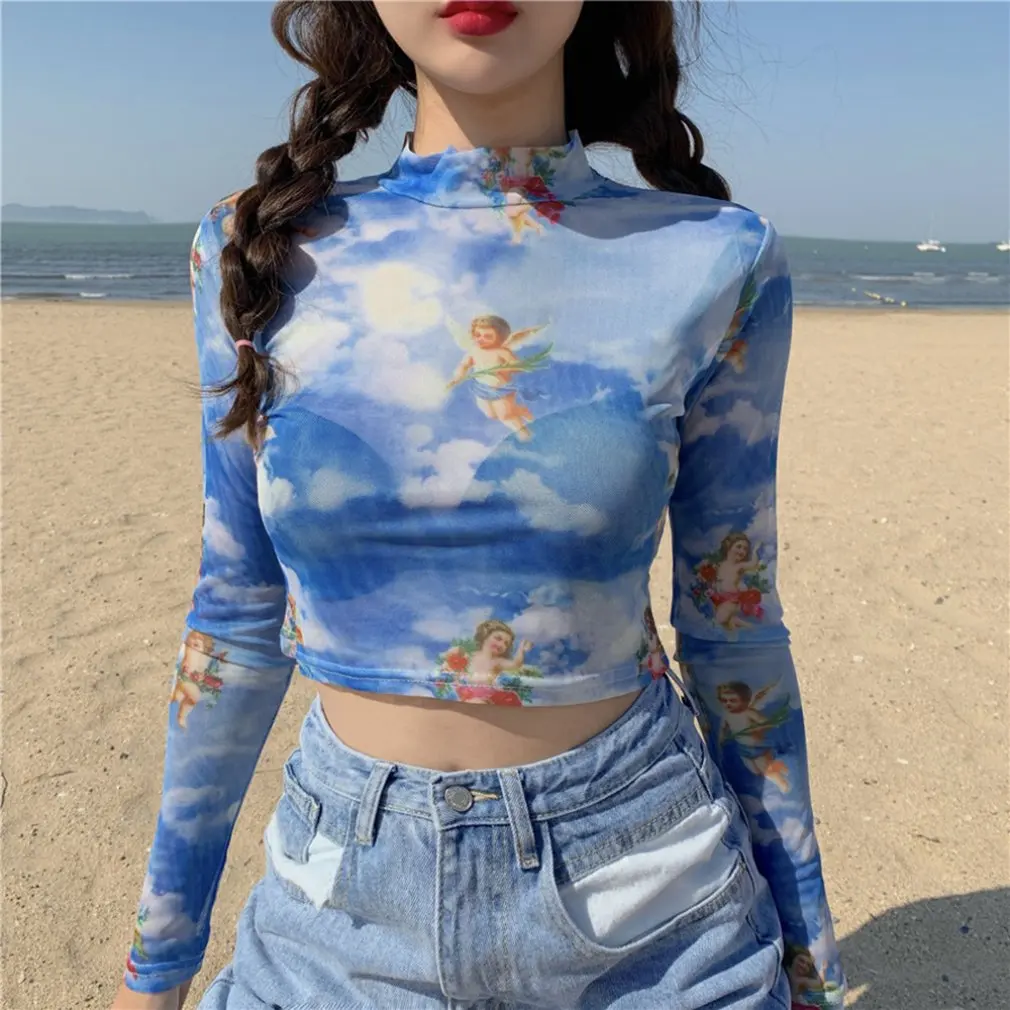 

New Fashion Women See-through Sheer Mesh Fishnet Shirt Tops Cute Angel Printed Female Tops Wear Autumn Women's Ladies Mesh Tops