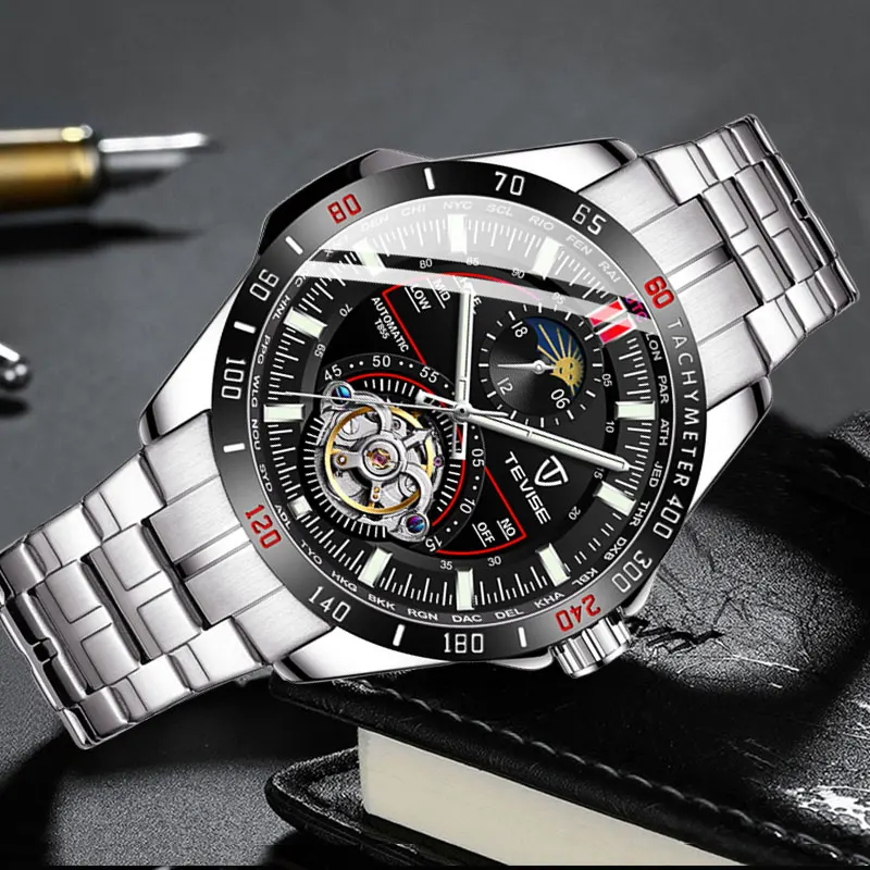 Бренд Tevise роскошный механический автоматический часы Tourbillon модные мужские из