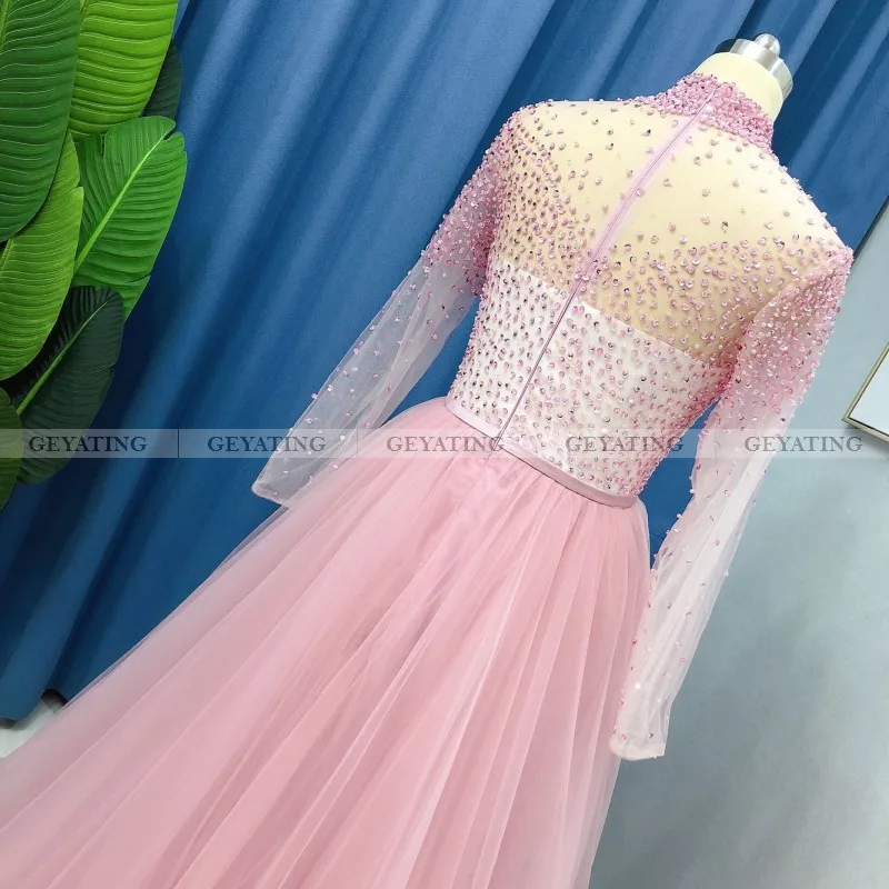 Элегантное розовое пыльное мусульманское вечернее платье с высоким воротником и