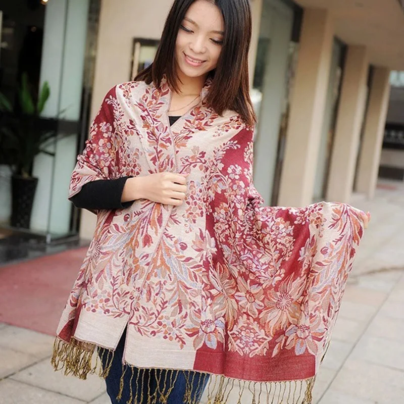 Осенне зимняя шаль в этническом стиле женский жаккардовый хлопковый и льняной