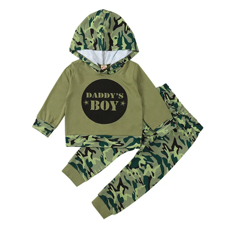 

2020 Winter Children Sets Casual Long Sleeve Hooded Letter Hoodies Camouflage Trousers Cute 2Pcs Girls Boys Clothes Sets 2-6T