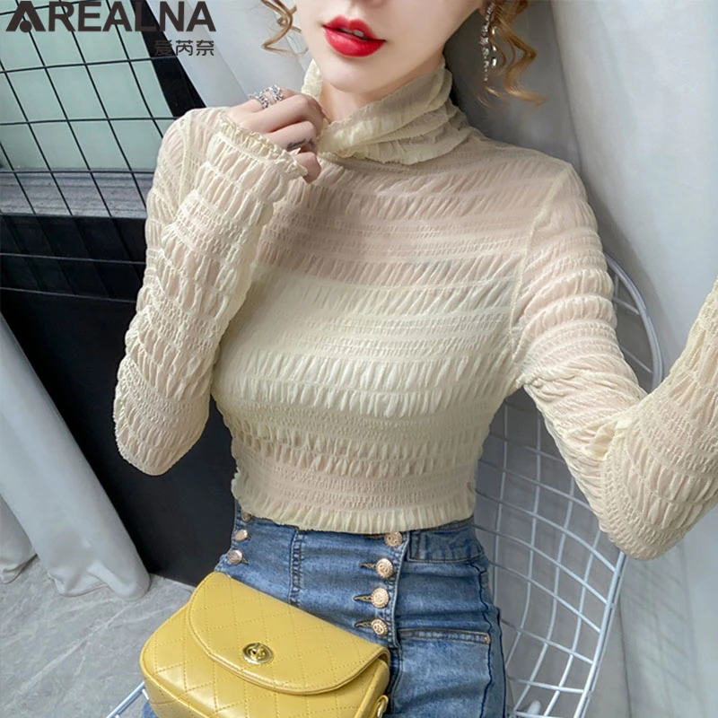 

Fashion Women Blouse 2022 Fall Mesh Women's Turtleneck Elastic Blouses Elegant Sexy See-through Shirt Fold Puff Long Sleeve Tops