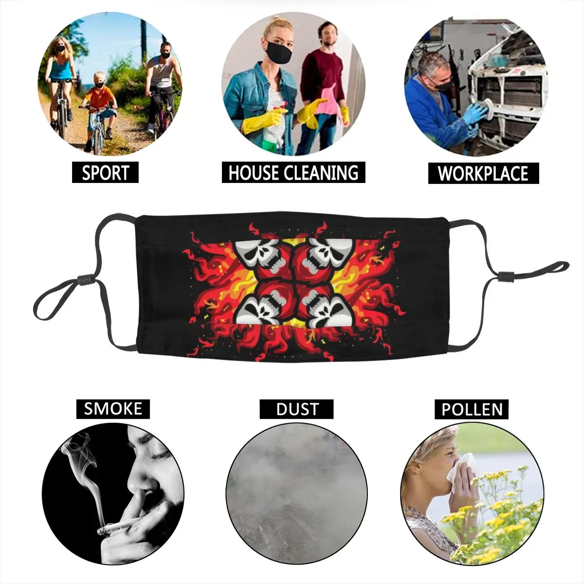 

Flaming Red Warrior Skulls Washable Mouth Face Mask Unisex Adult Fire Skull Dustproof Mask Protection Cover Respirator
