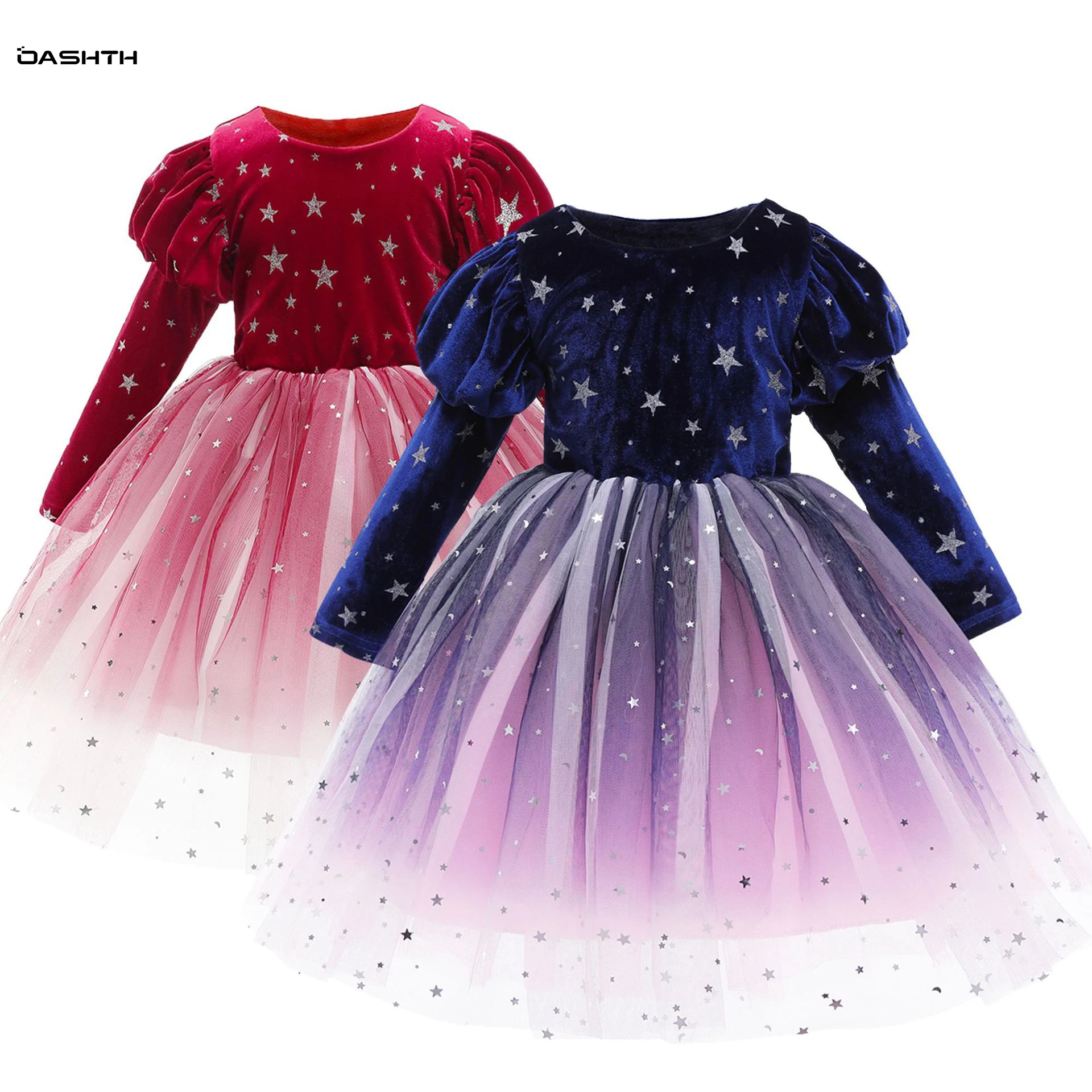 

OASHTH Children's winter new girl dress velvet long-sleeved plus velvet princess dress starry sky fluffy gauze dress skirt