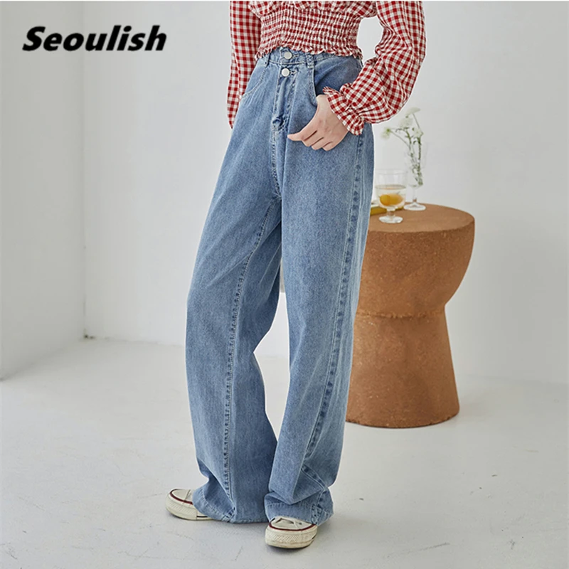 

Женские джинсовые брюки на пуговицах, винтажные свободные брюки из денима с широкими штанинами и высокой талией, весна-лето 2021