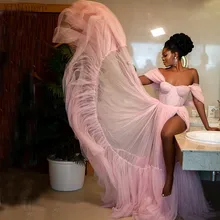 YiMinpwp – robe de soirée longue rose en Tulle, épaules dénudées, dos nu, cuisses hautes, fentes, balayage, traîne, plis, robes de soirée formelles pour femmes  (1)