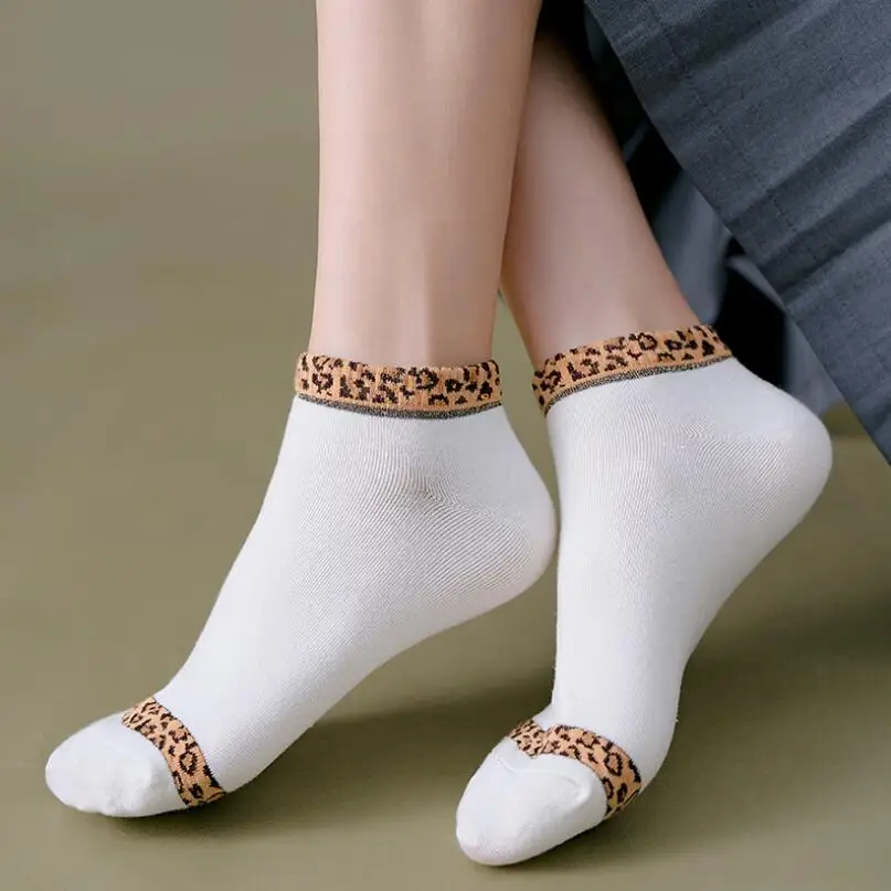 5 Pairs Solid Leopard Cotton Crew Sock Girls Short Spring Embroidery Summer Socks Woman Cotton Leopard Embroidered Ankle Socks