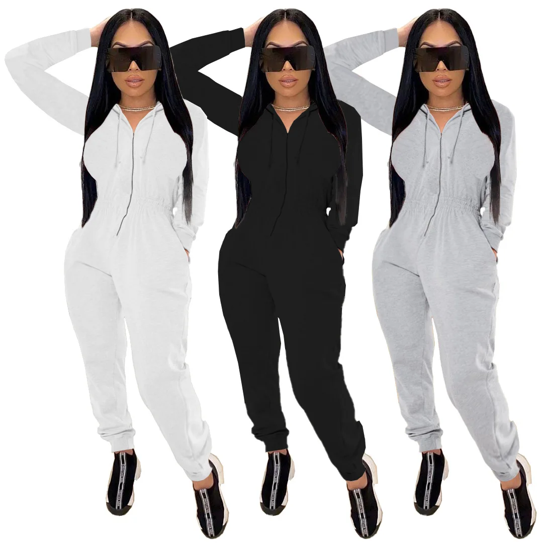 

fashion casual solid color waist hood pocket European and American women's zipper long sleeve pants sports Jumpsuit