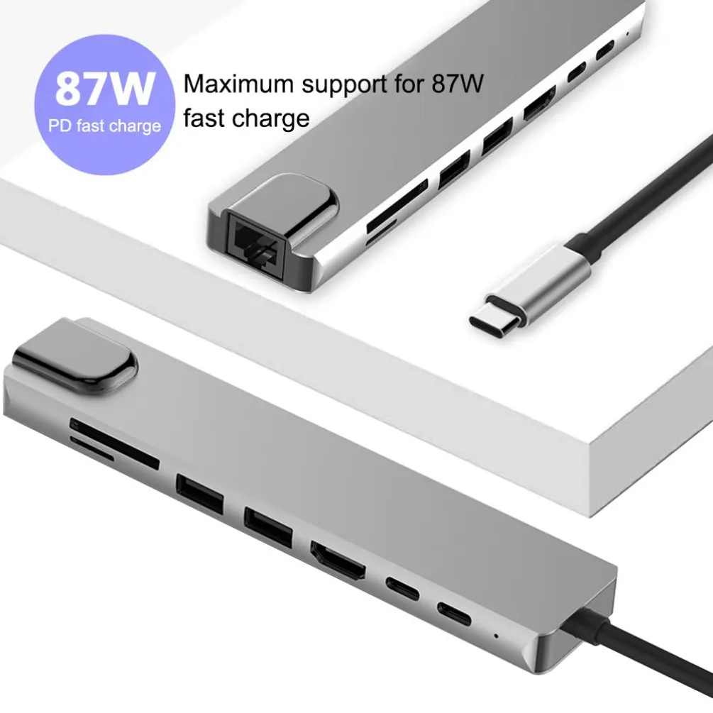

8In1 USB HUB 3.0 Type C Multi Splitter Adapter 4K HDMI-Compatible Rj45 For Macbook PC Computer Adapter Fast Charger Accessories