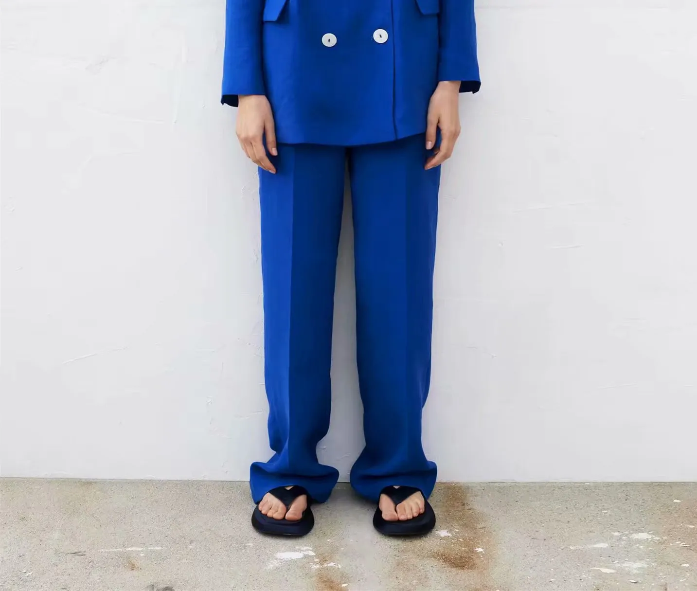 

Новинка 2021, женская одежда, широкие брюки-трубы с высокой талией, декоративные карманы с эластичным поясом, модные тонкие деловые брюки