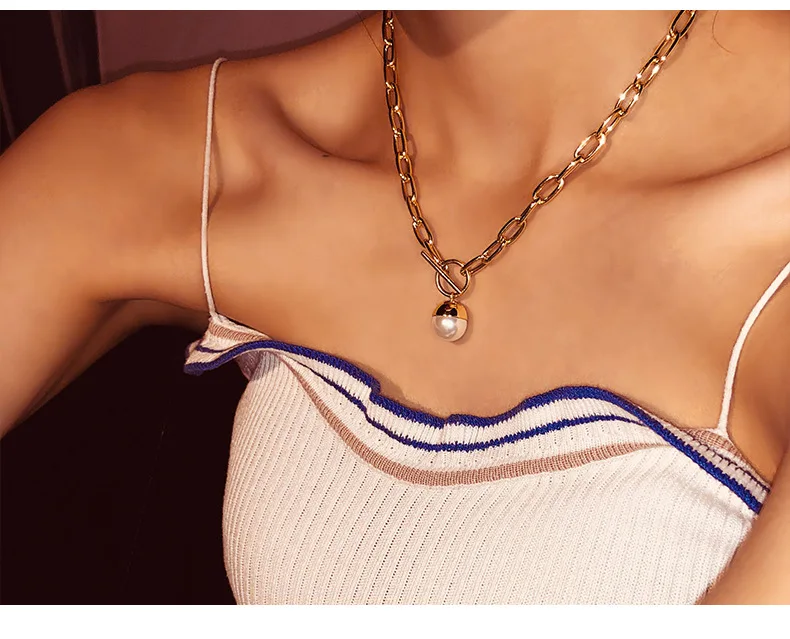 2020 simple fashion jewelry pearl pendant necklace ins charm exaggerated gold color 16.5inch chain for women lady | Украшения и