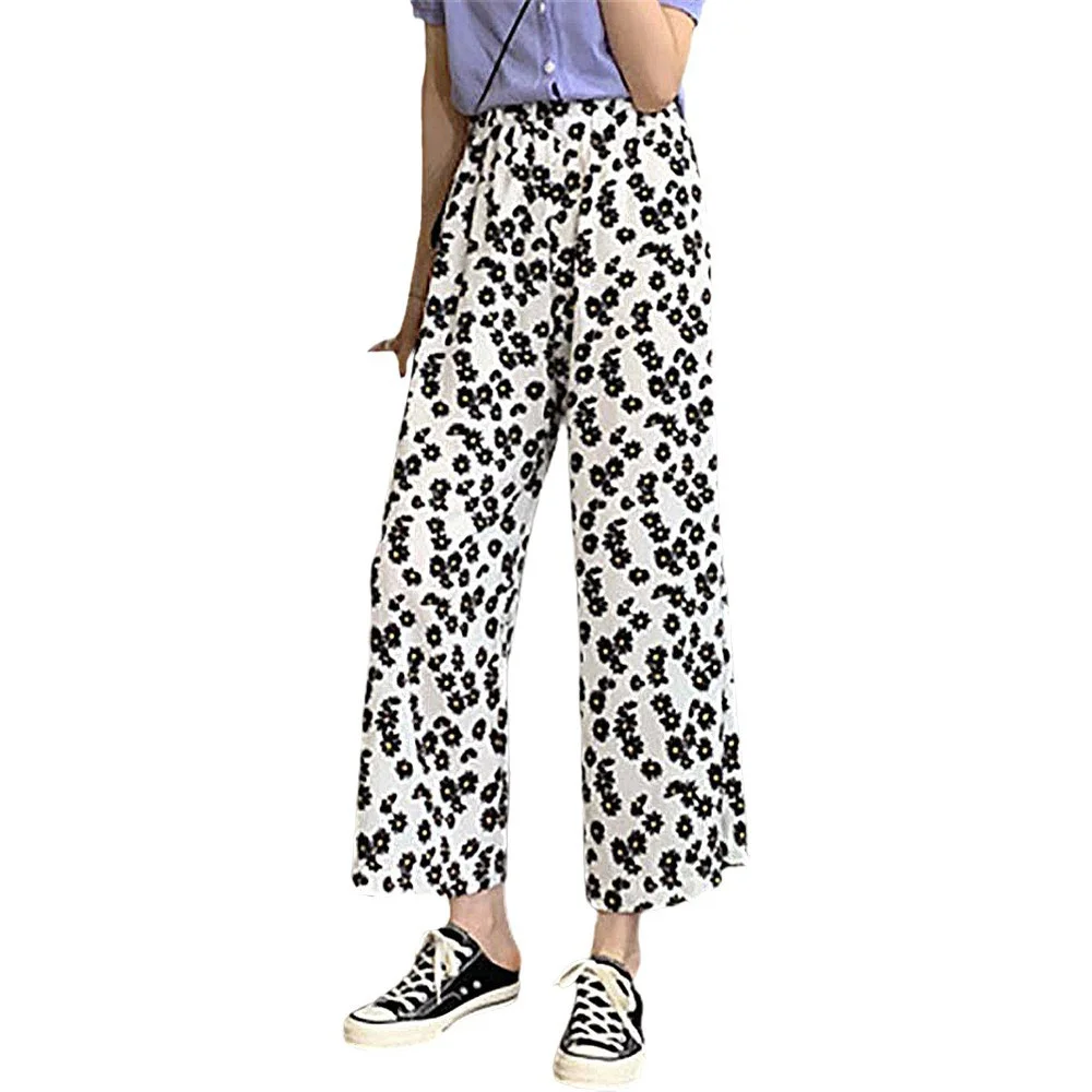 

New Arrival Women' Long Pants Daisy Printed Wide Black White Elastic Waist Fashion Ladies Clothes Store