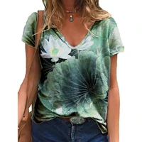 vintage woman tshirts plus size flower printed short sleeve v neck 3d pattern tops tee casual summer loose elegantes mujer