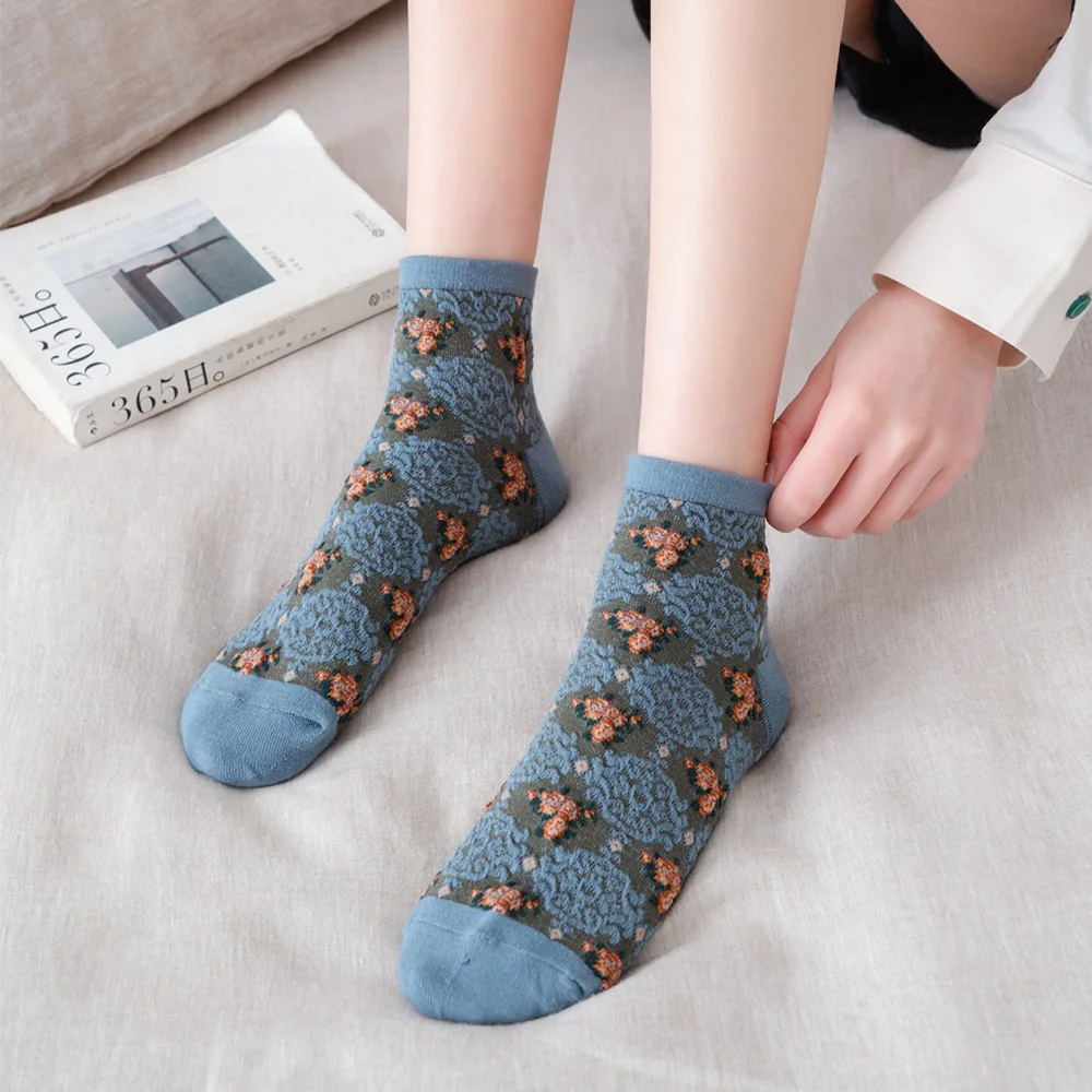 

New Fashion Style Spring Summer Vintage Floral Boat Socks Shallow Mouth Invisible Women Breathable Short Cotton Cute Socks