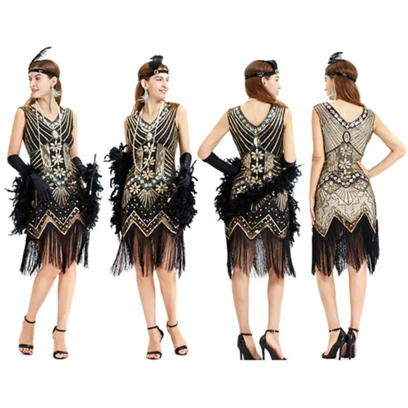 Винтажное танцевальное платье 20 ХХ Гэтсби с блестками и бахромой узором пейсли