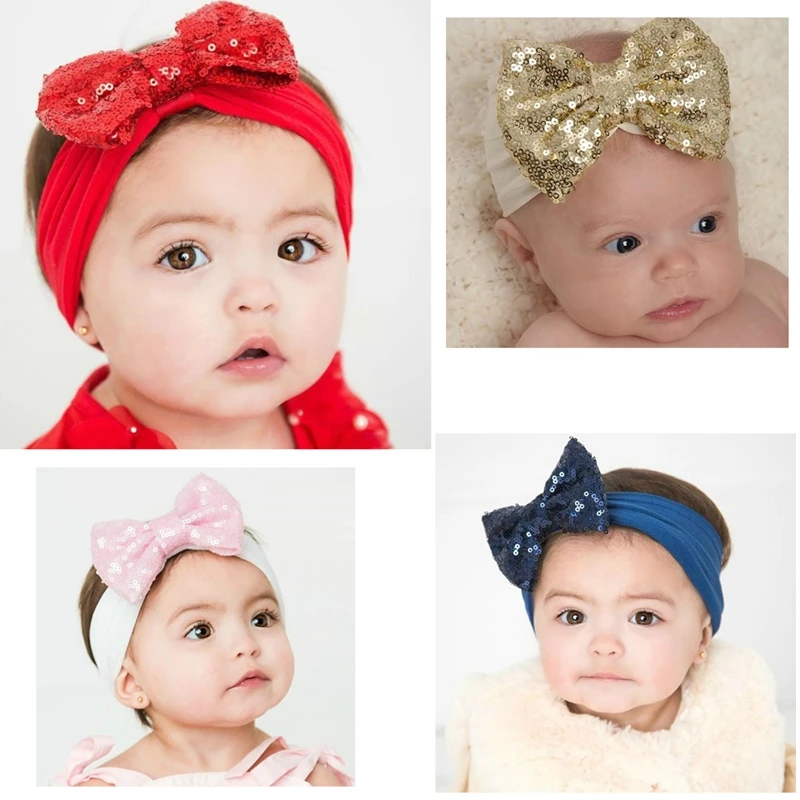 13 CM Glitter Sequins Bowknot Baby Girls Elastic Hairband Fashion Handmade Bows Infant Nylon Headband Birthday Gifts Photo Props