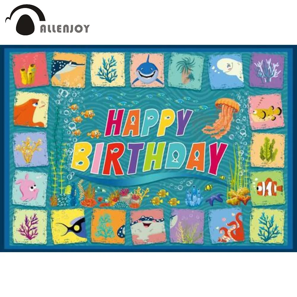 

Allenjoy Happy Birthday Ocean Theme Backdrop Kid Undersea Stamp Style Party Decoration Banner Photography Background Photo Booth