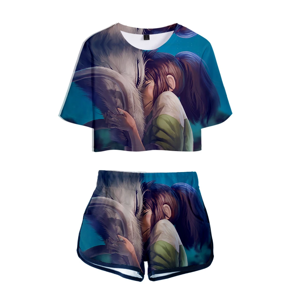

Hip Hop Sexy Suit The Film Spirited Away Dew Navel T Shirt 3D Summer Two Piece Set+Short Pants Sets Girl Lovely Cartoon 3d Sets