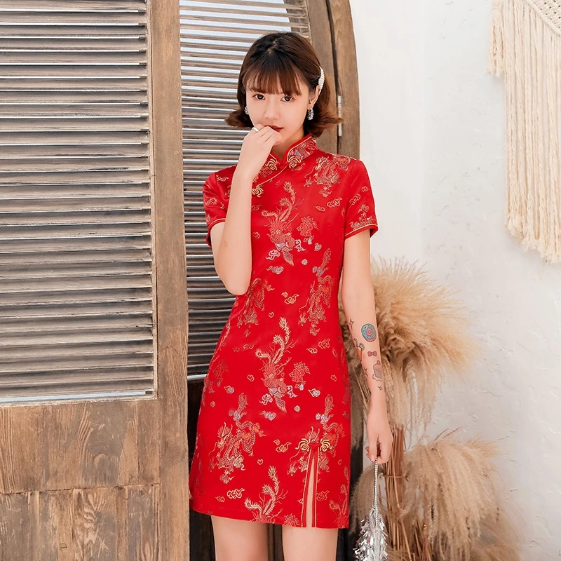 2023 New Summer Chinese National Short Cheongsam Dress Dragon Phoenix Women Split Mini Dresses Qipao |