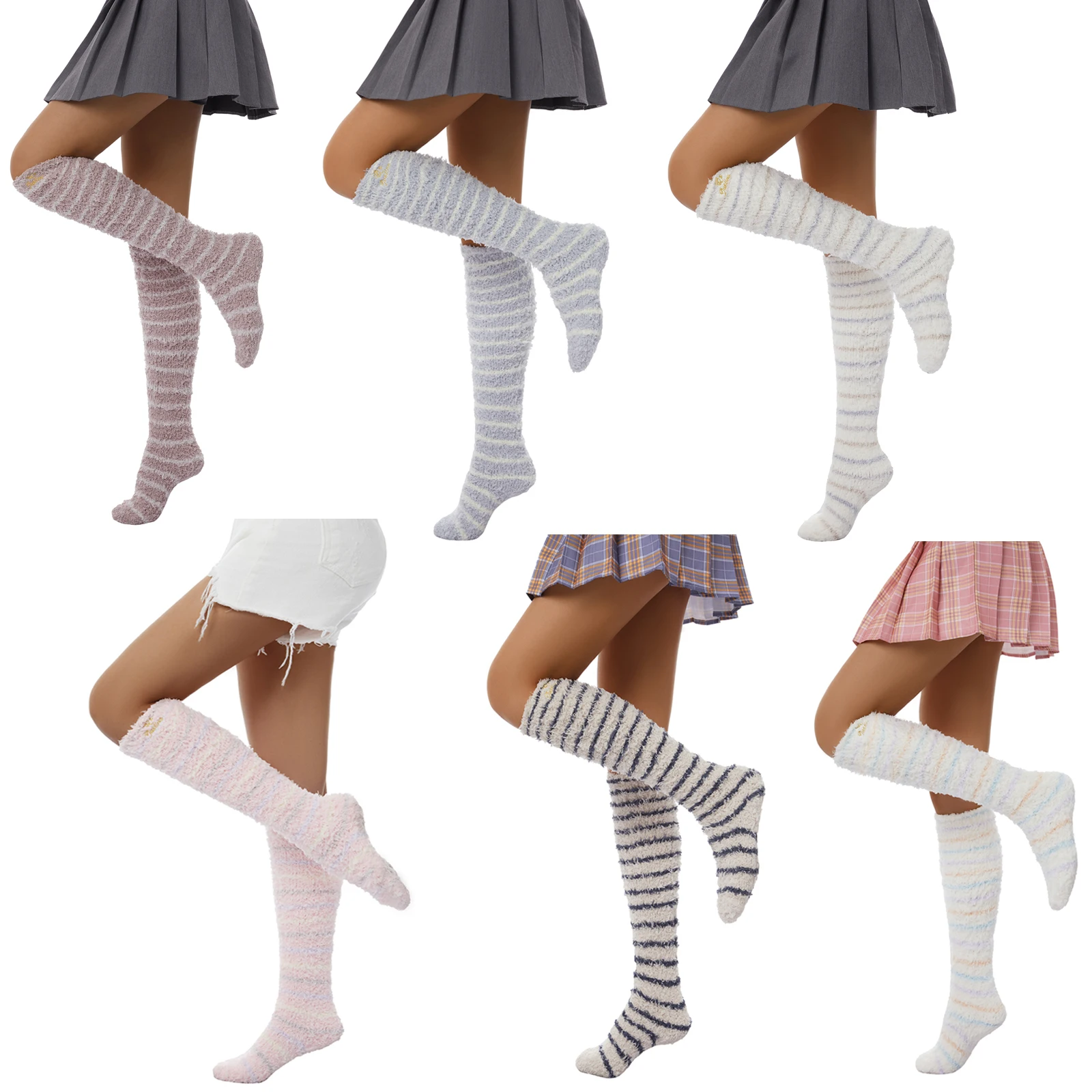 

Женские рождественские носки 2021, зимние теплые Полосатые чулки, пушистые флисовые гольфы до колен для дома, Подводники для сна