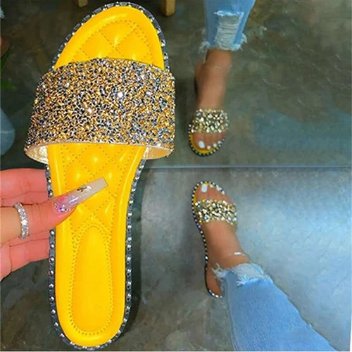 

Women Crystal Slippers Ladies Bling Flats Female Fashion Outdoor Beach Shoes Female Footwear Women Summer Slides Plus Size 35-43