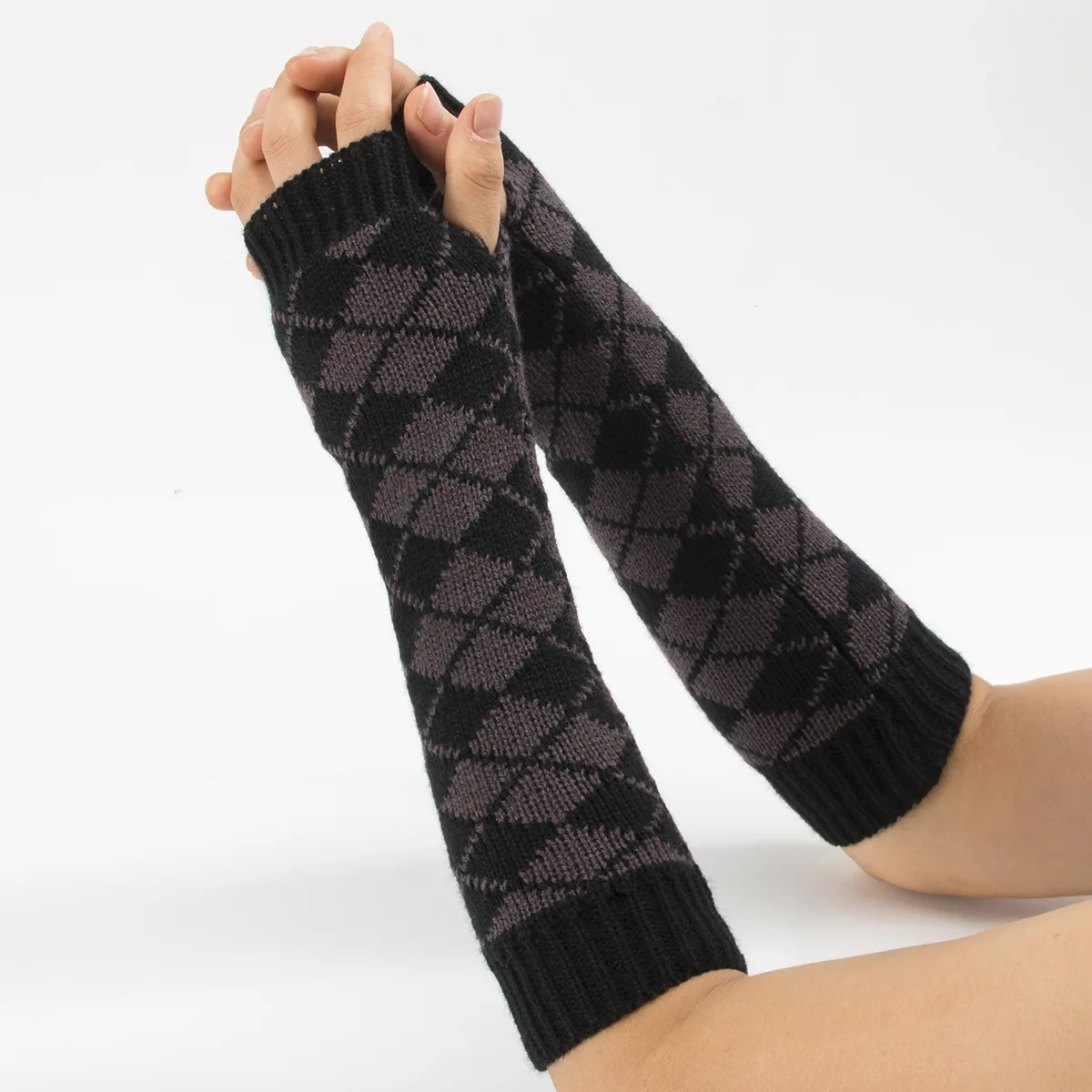 

RANMO Length 32CM Women Winter Fingerless Gloves Fashion Plaid Half Finger Warm Mittens Autumn Female Knitted Wool Wrist Gloves