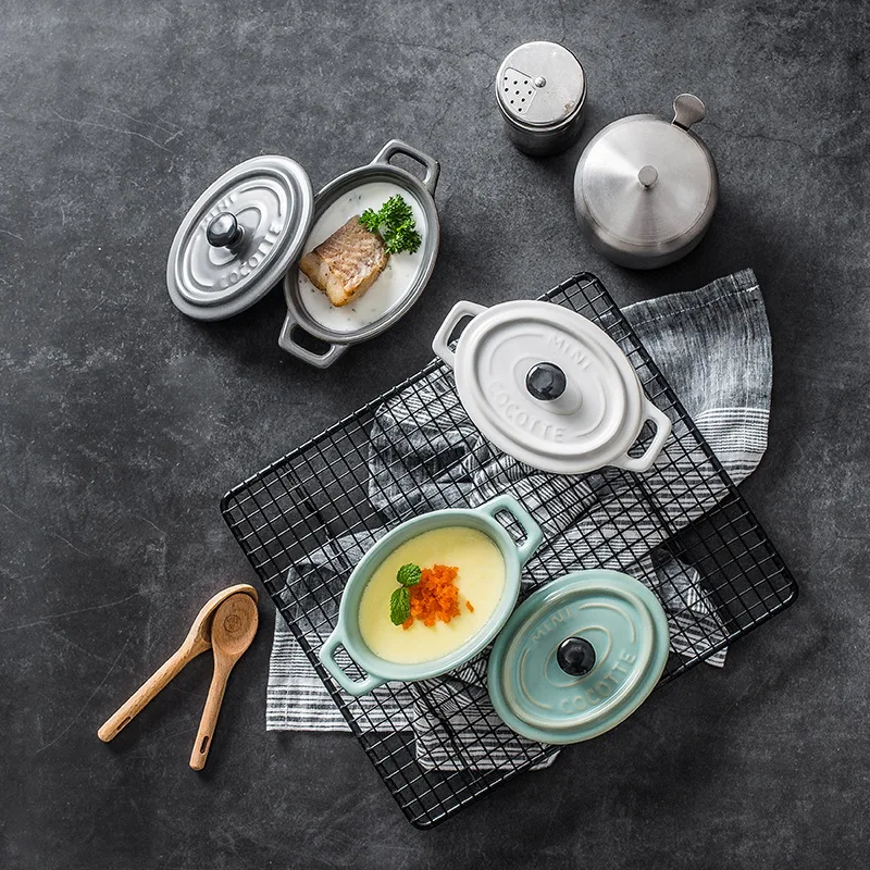 Мини керамическая кастрюля с крышкой пудинг тыква суп матовое двойное ухо