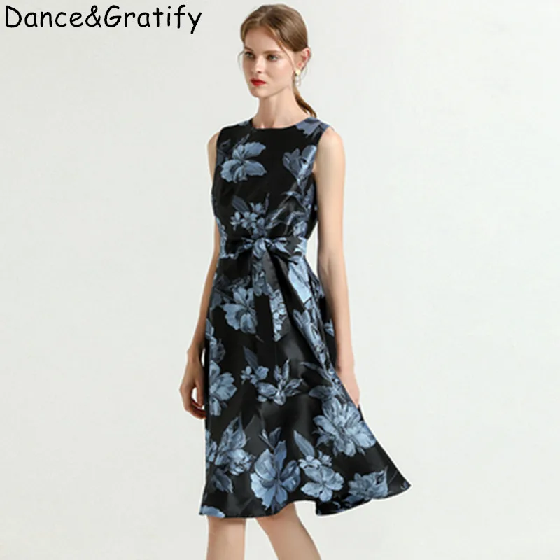 

High Quality Jacquard Runway Dress Women Sleeveless Floral Print Long Midi Tank Party Sundress 2019 New