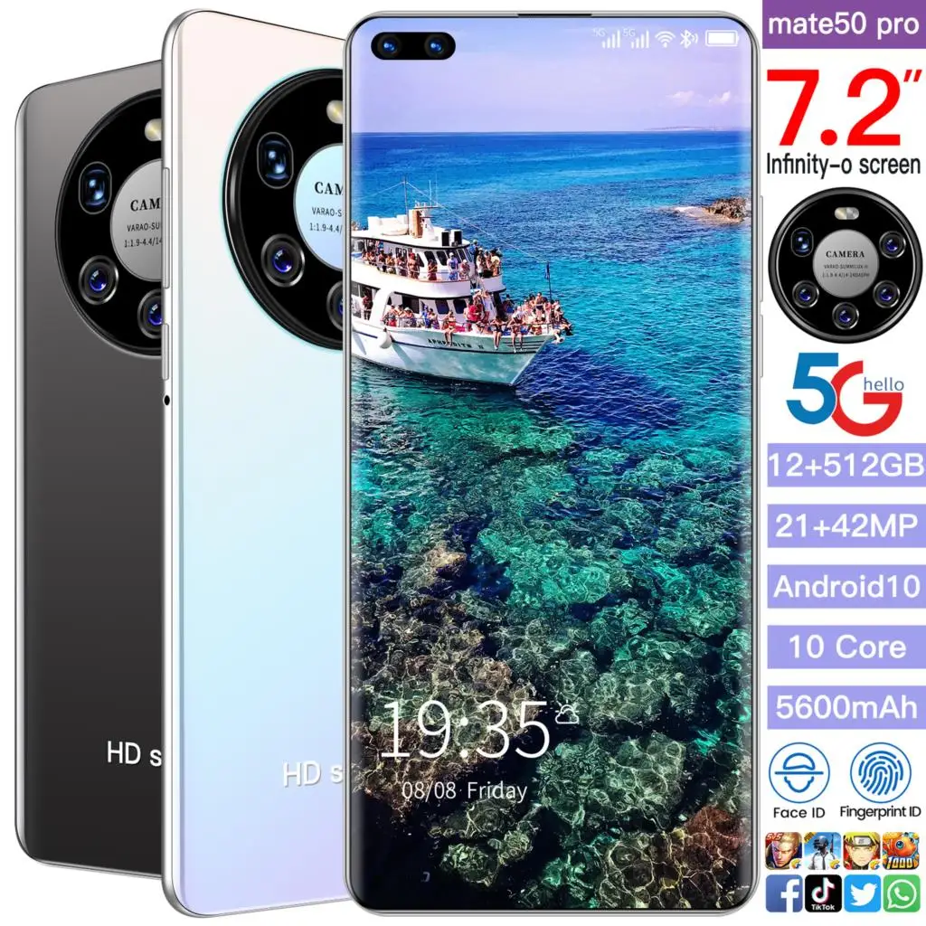

mate50 pro smart phone 10-core 7.2 inch HD1440*3040 Android Phone 5G 12GB+512GB телефон 21MP+42MP Face unlock 5600mah Cheap Phon