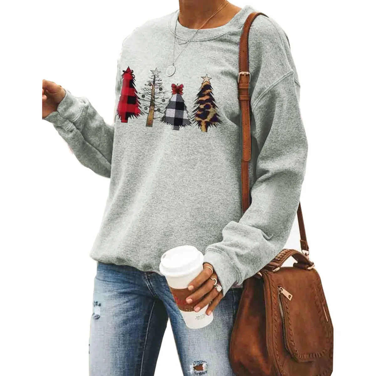 Женские футболки для бега с принтом рождественских елок круглым вырезом длинным