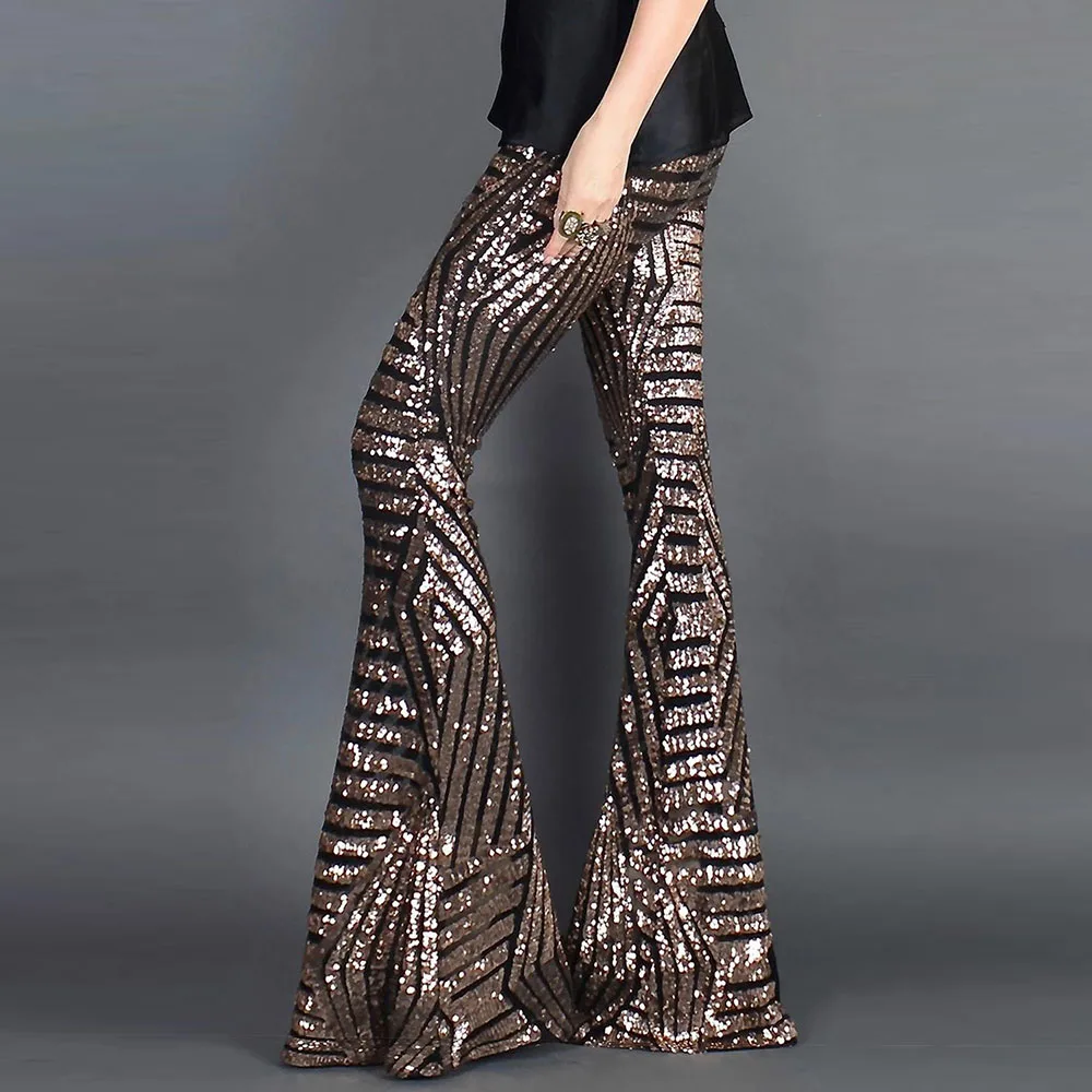 Sexy Black Silver Sequin Glitter Wide Leg long Flare Pants High Waist Party Club XMAS Trousers Pants Outfit Streetwear Bell Pant