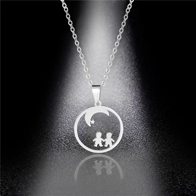 

Stainless Steel Fashion Moon Boy Girl Pendant Necklace For Woman Collares Lover Couple Family Memory Gift Fashion Jewelry