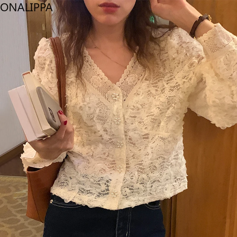 

ONALIPPA Palace Style Shirt 2021 Autumn French Vintage V-Neck Heavy Lace Hollow Crochet Chic Single-Breasted Puff Sleeve Blouses