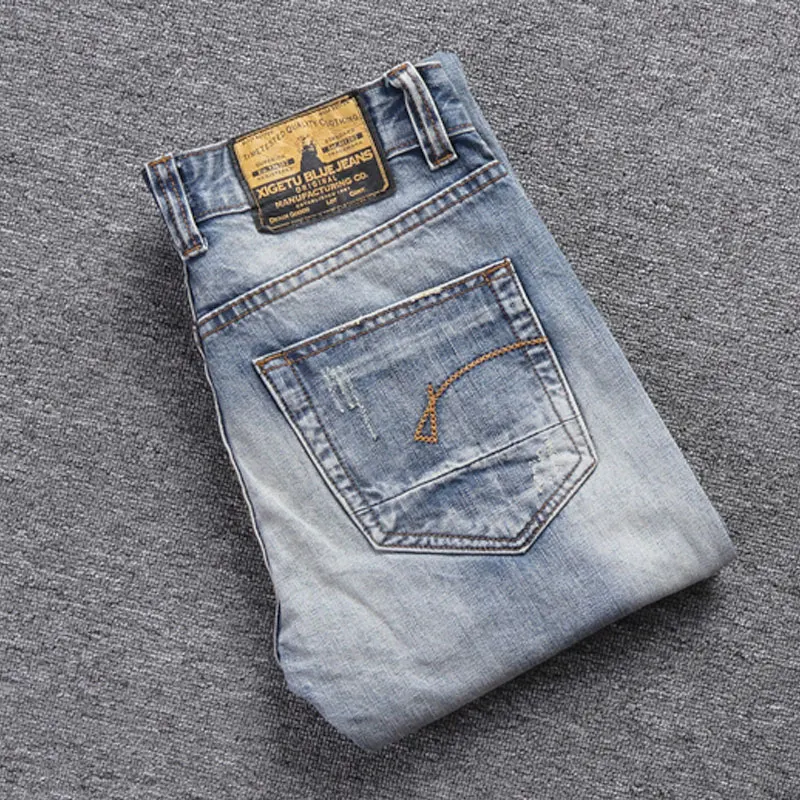 European Street Fashion Men Jeans Retro Light Blue Slim Fit Ripped Jeans Men Korean Embroidery Designer Vintage Denim Pants