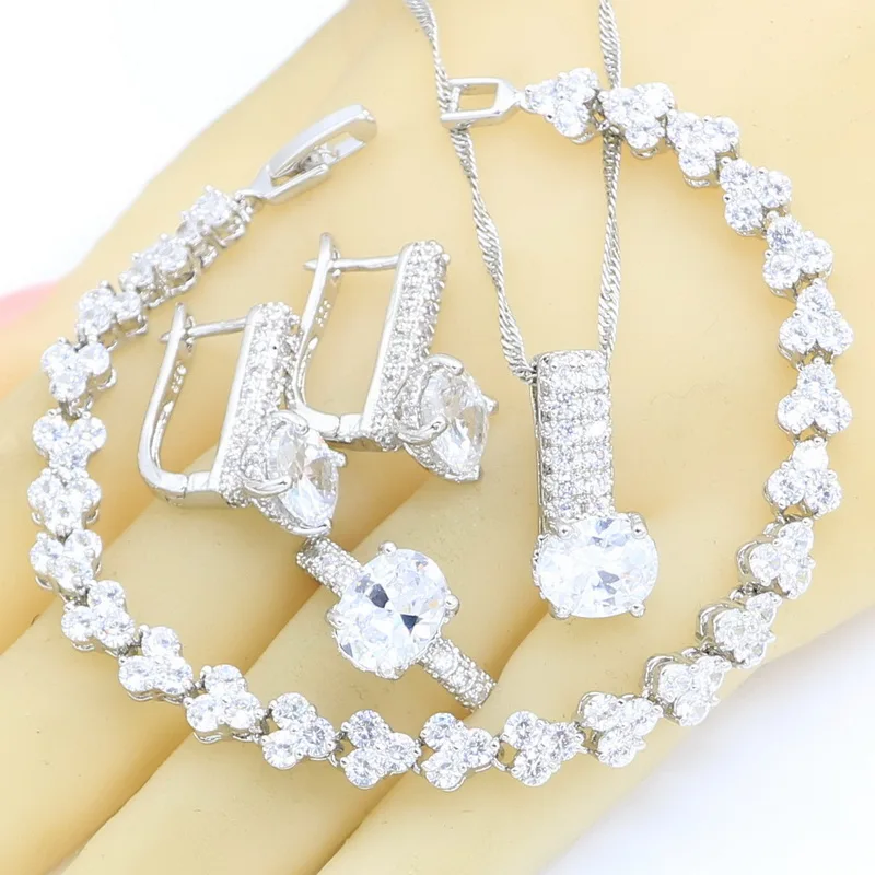 Серебряный Ювелирный Комплект для женщин браслет из белого циркония ожерелье