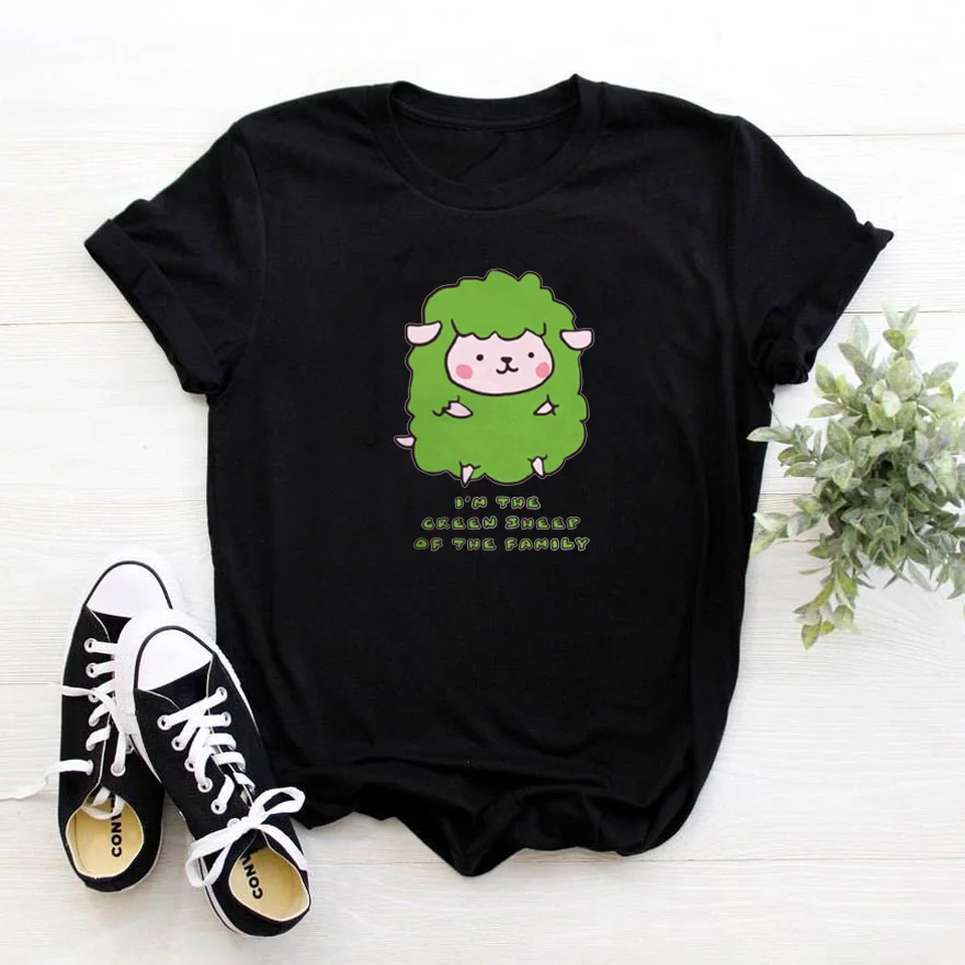 I'm The Green Sheep of The Family T Shirt Women Cute Animal Graphics Camiseta Mujer Black Round Neck Women Tshirts Clothes