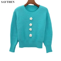 saythen autumn and winter new blue round neck sweater womens outer wear knit sweater pullover loose top