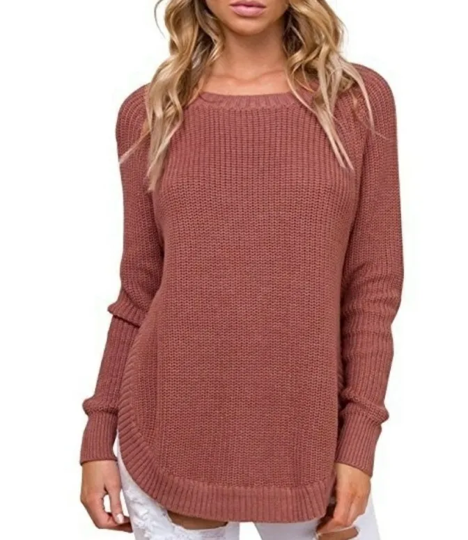 Пуловер с высоким разрезом круглым вырезом и длинными рукавами в европейском