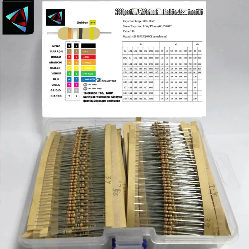 

2980Pcs/Lot 1/8W 5% 0R~10M Ohm 149ValuesX20Pcs Carbon Film Resistor Kit Pack Samples Assorted Kit