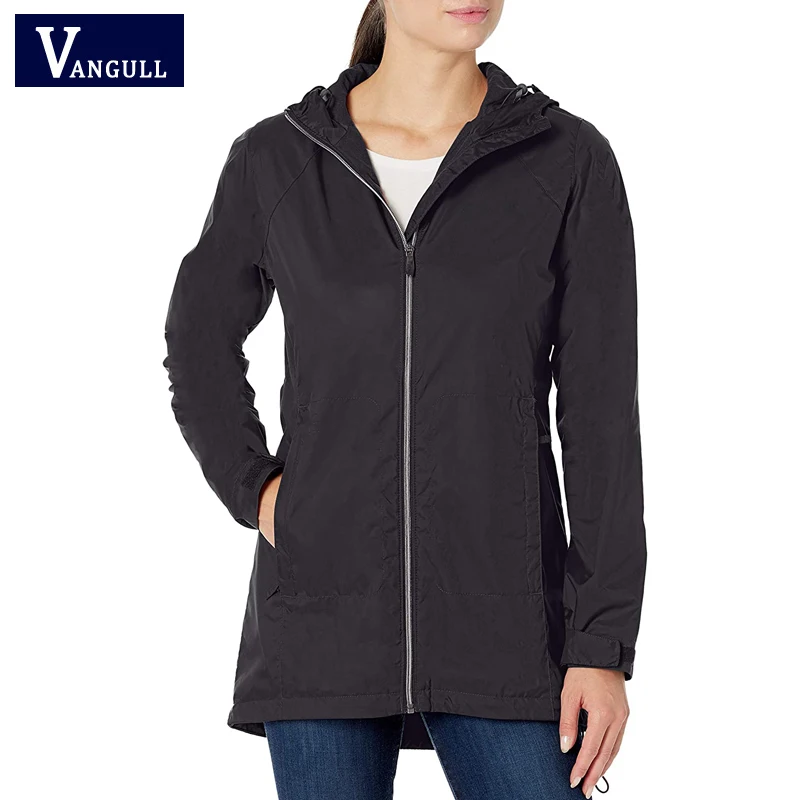 

Непромокаемый черный женский тренчкот Vangull, осенняя новая Длинная женская ветровка на молнии с капюшоном, свободный женский тренчкот оверс...