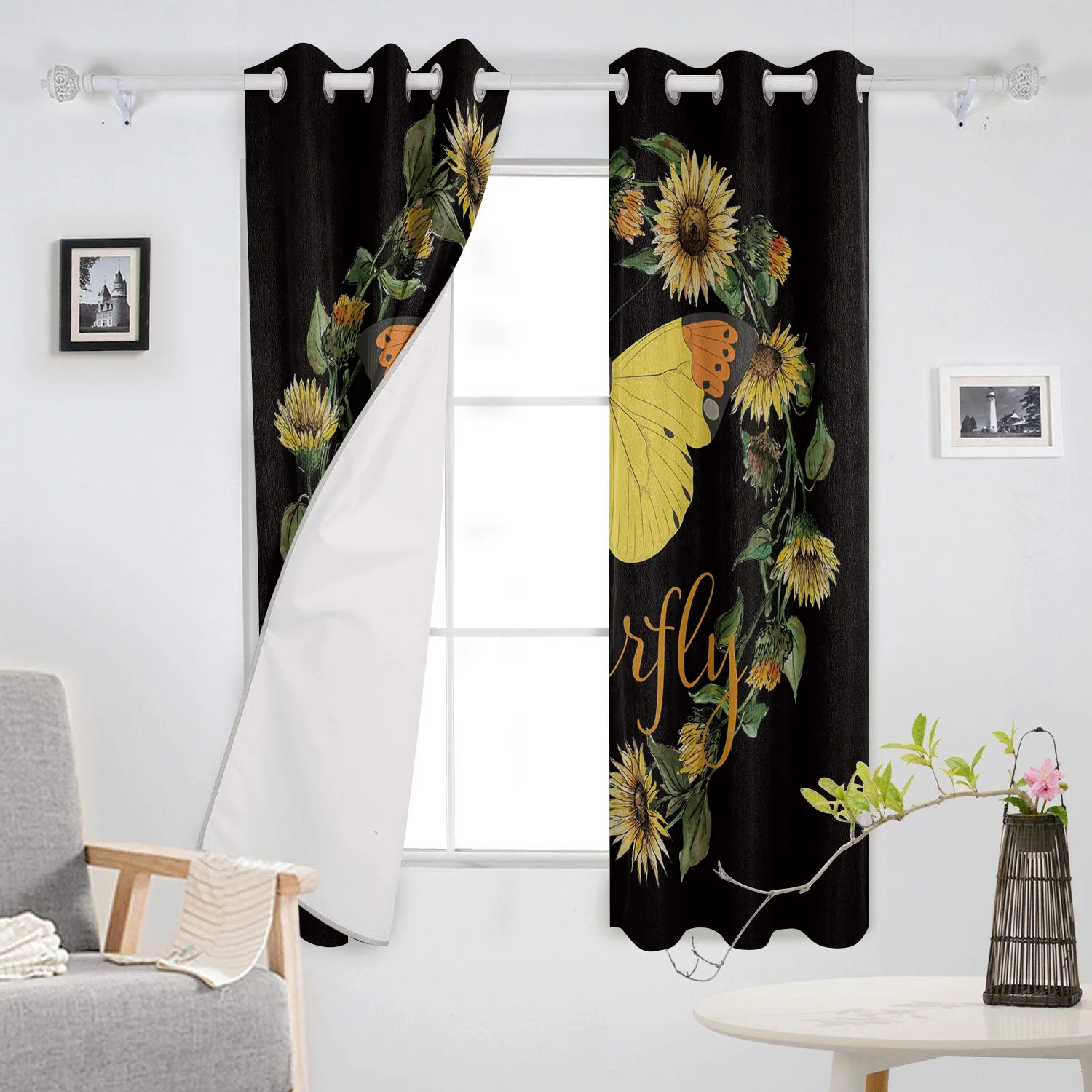 Butterfly Sunflower Wreath Curtains Kitchen Decor Items Window for Living Room Bedroom Curtain Panel | Дом и сад