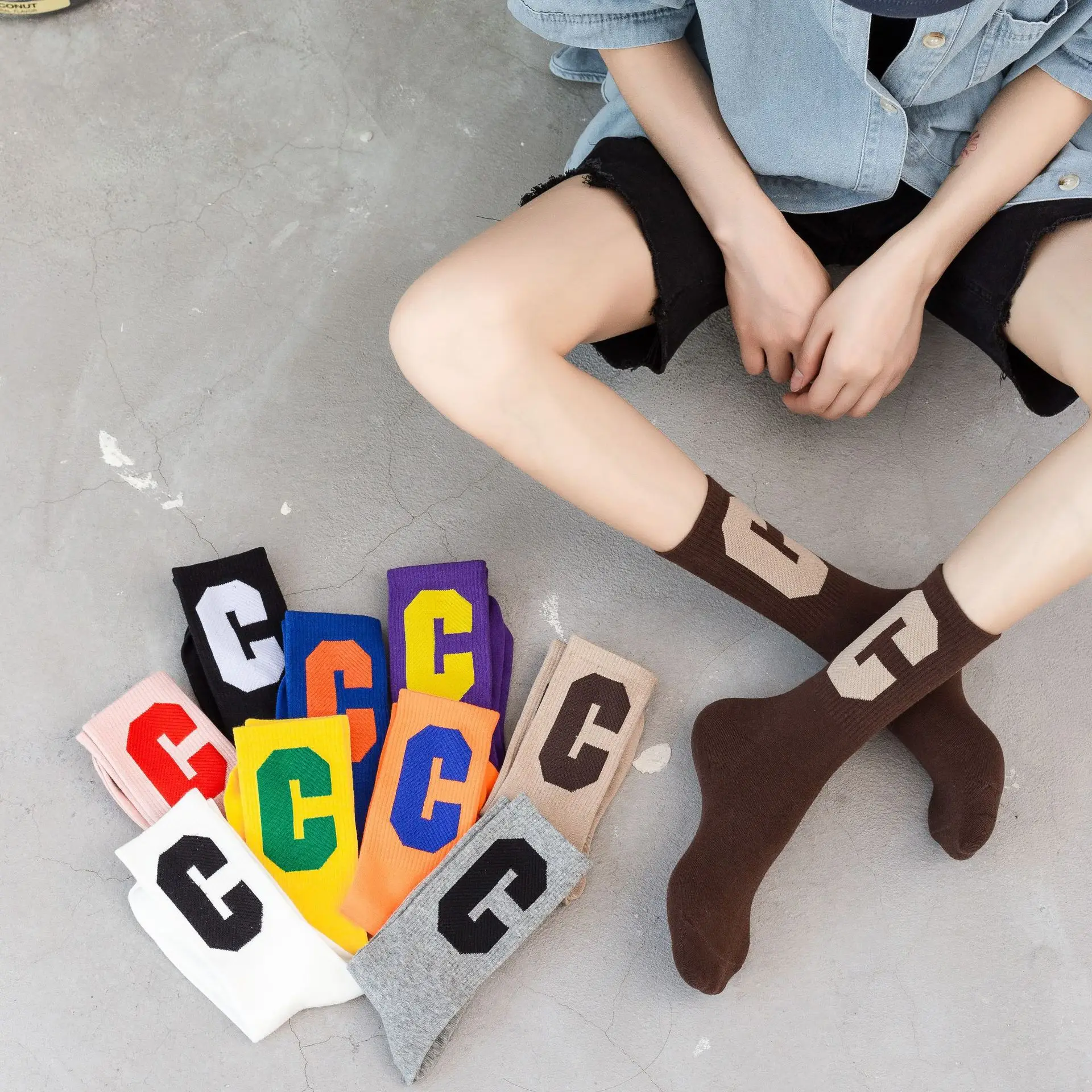 

Cotton Sports Socks C Letter Candy Color Women Casual Middle Tube Polyester