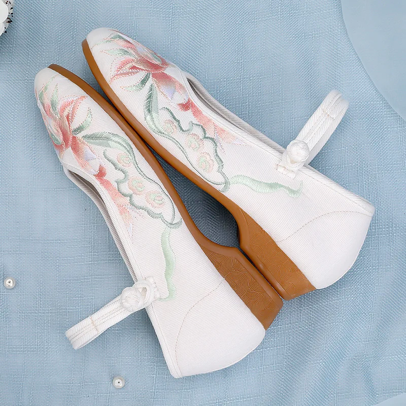 2020New Arrival Pumps Women Shoes Chinese Embroidered Shoes Sweet Breathable Ankle Strap Casual Ladies Heels SuWan