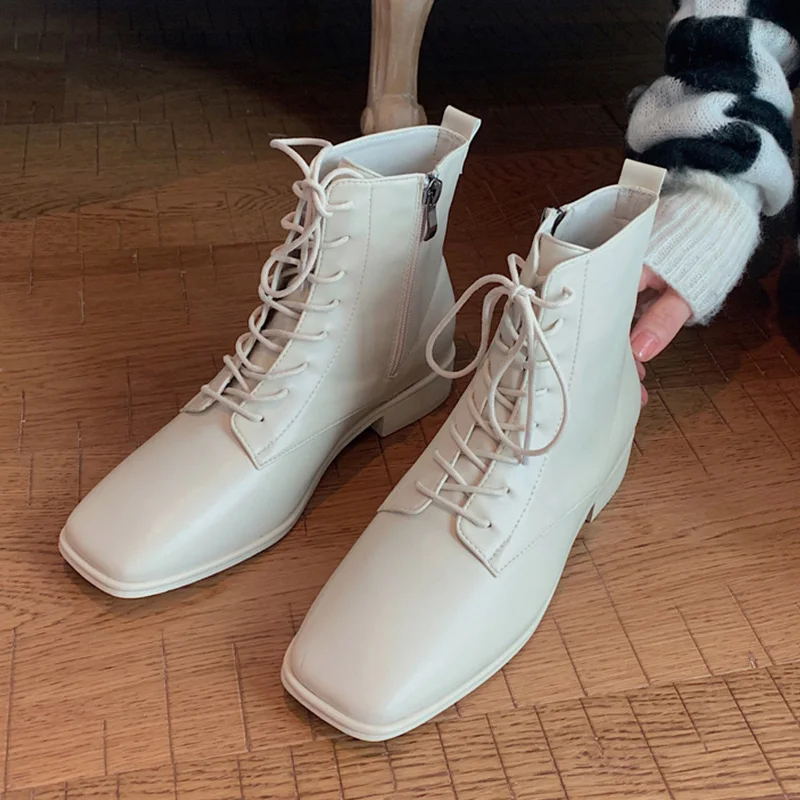 

New Martin Boots Women 2021 Autumn Winter Square Heels Lace Up British Style Square Toe Shoes Ladies Chelsea Ankle Short Boots